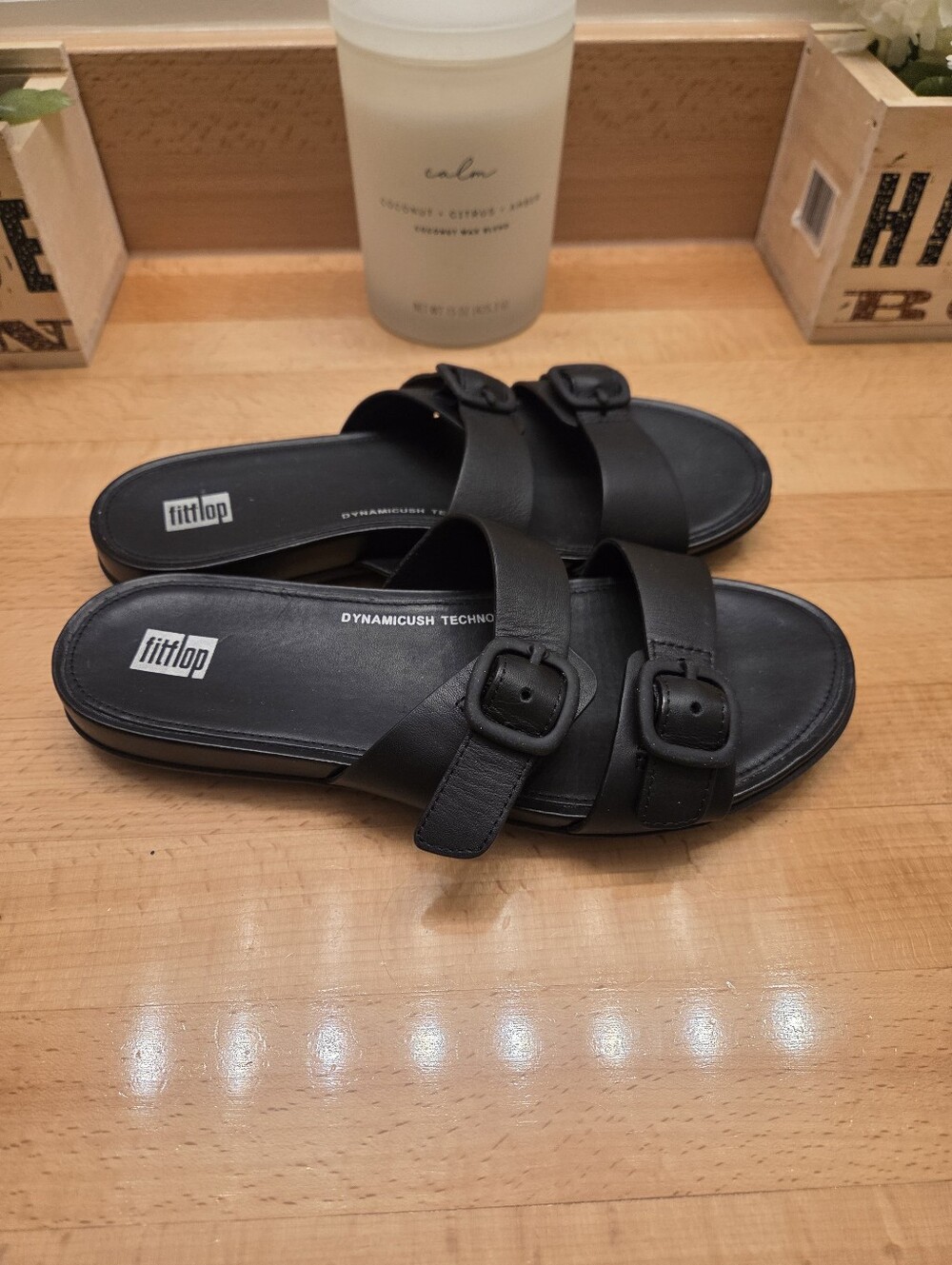 FitFlop Gracie Rubber-Buckle Two-Bar Black Leather Slide Sandals Women's Size 7